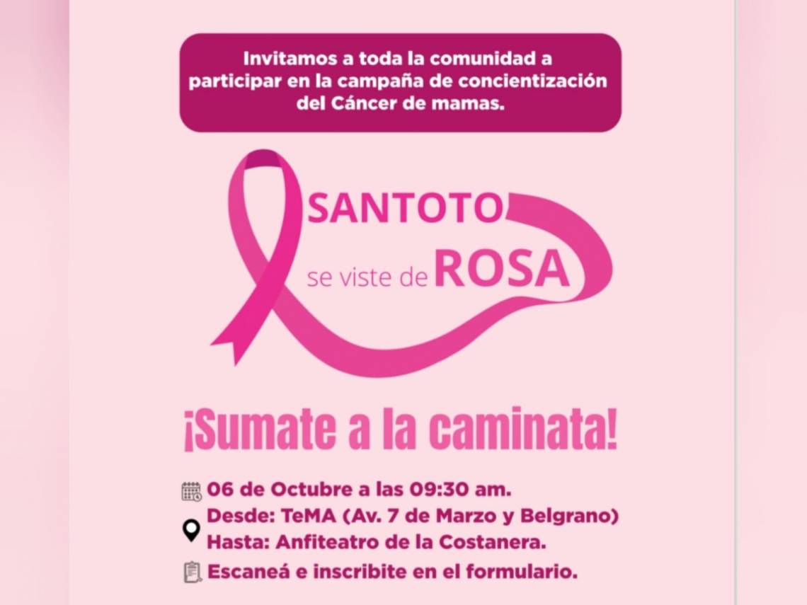 “Santoto se viste de rosa”: invitan a una caminata para concientizar sobre el cáncer de mamas