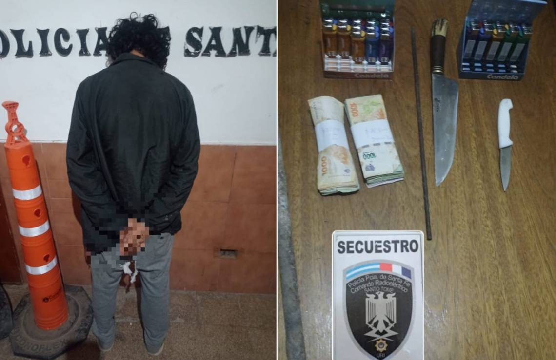 Uno de los detenidos, junto a los elementos secuestrados.