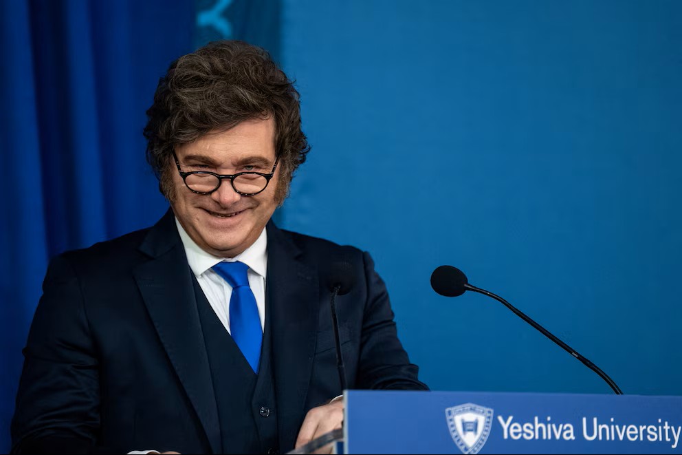 Javier Milei durante su disertación en la universidad Yeshiva.