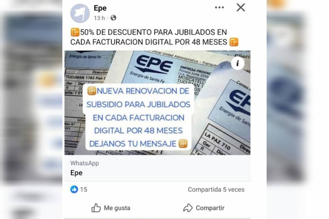 Uno de los mensajes detectados por la EPE sobre falsos descuentos que buscan captar datos personales de las víctimas.