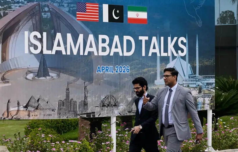 Centro de prensa de las conversaciones de paz entre EE. UU. e Irán, en Islamabad.